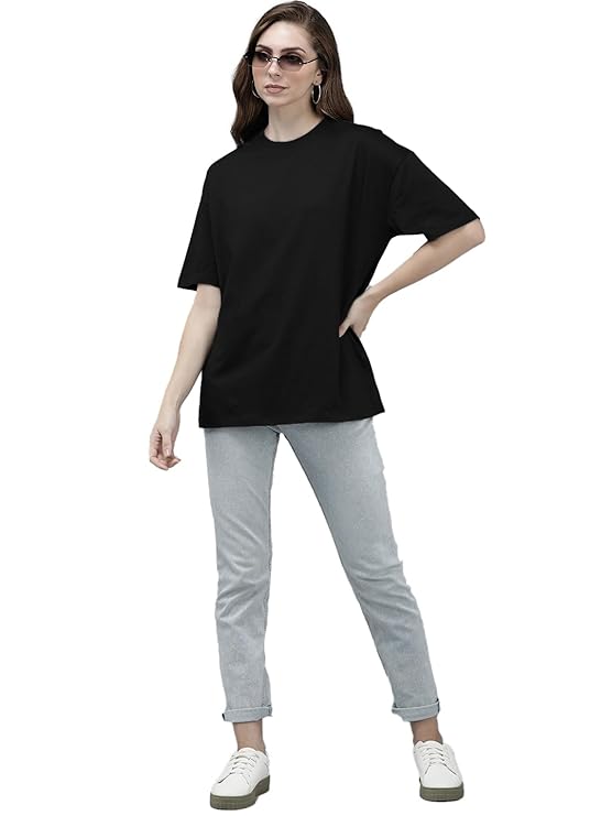 SpaB Brand Women's Casual Round Neck Solid, Oversized Drop Shoulder Regular Fit T-Shirt