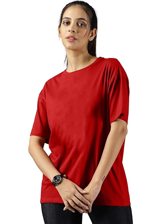 SpaB Brand Women's Casual Round Neck Solid, Oversized Drop Shoulder Regular Fit T-Shirt