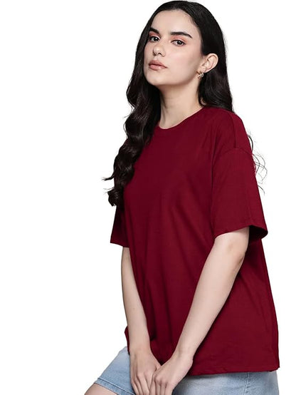 SpaB Brand Women's Casual Round Neck Solid, Oversized Drop Shoulder Regular Fit T-Shirt