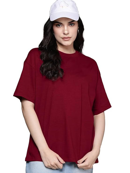 SpaB Brand Women's Casual Round Neck Solid, Oversized Drop Shoulder Regular Fit T-Shirt