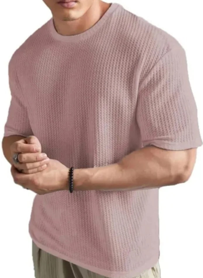 SpaB Men Waffle Knit Stylish Round-Neck T-Shirt Trendy All-Season Shirt Perfect for Everyday Wear